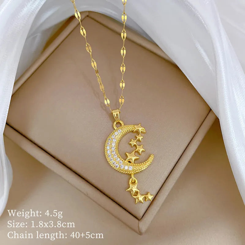 Geometric moon tassel necklace with diamond-cut facets and stainless steel chain