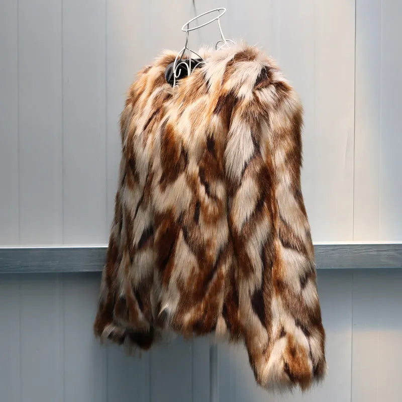 Korean slim-fitting women's faux fur coat in picture colour, shown with regular sleeves.