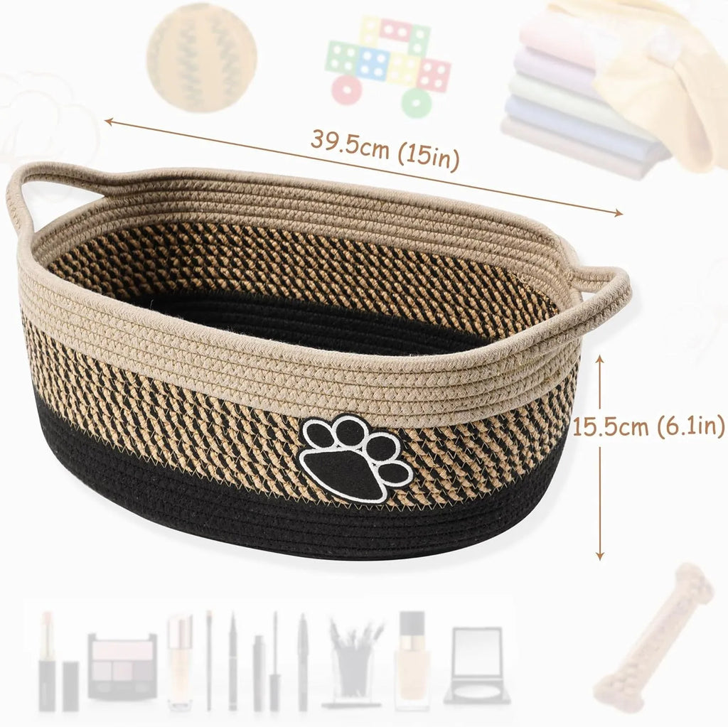 Light beige handmade woven cotton rope storage basket with wooden handle.