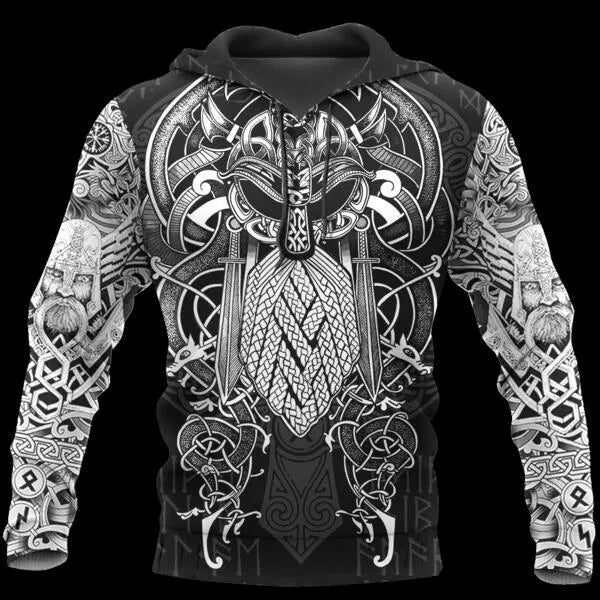 Viking Odin 3D print hoodie in black polyester for men and women