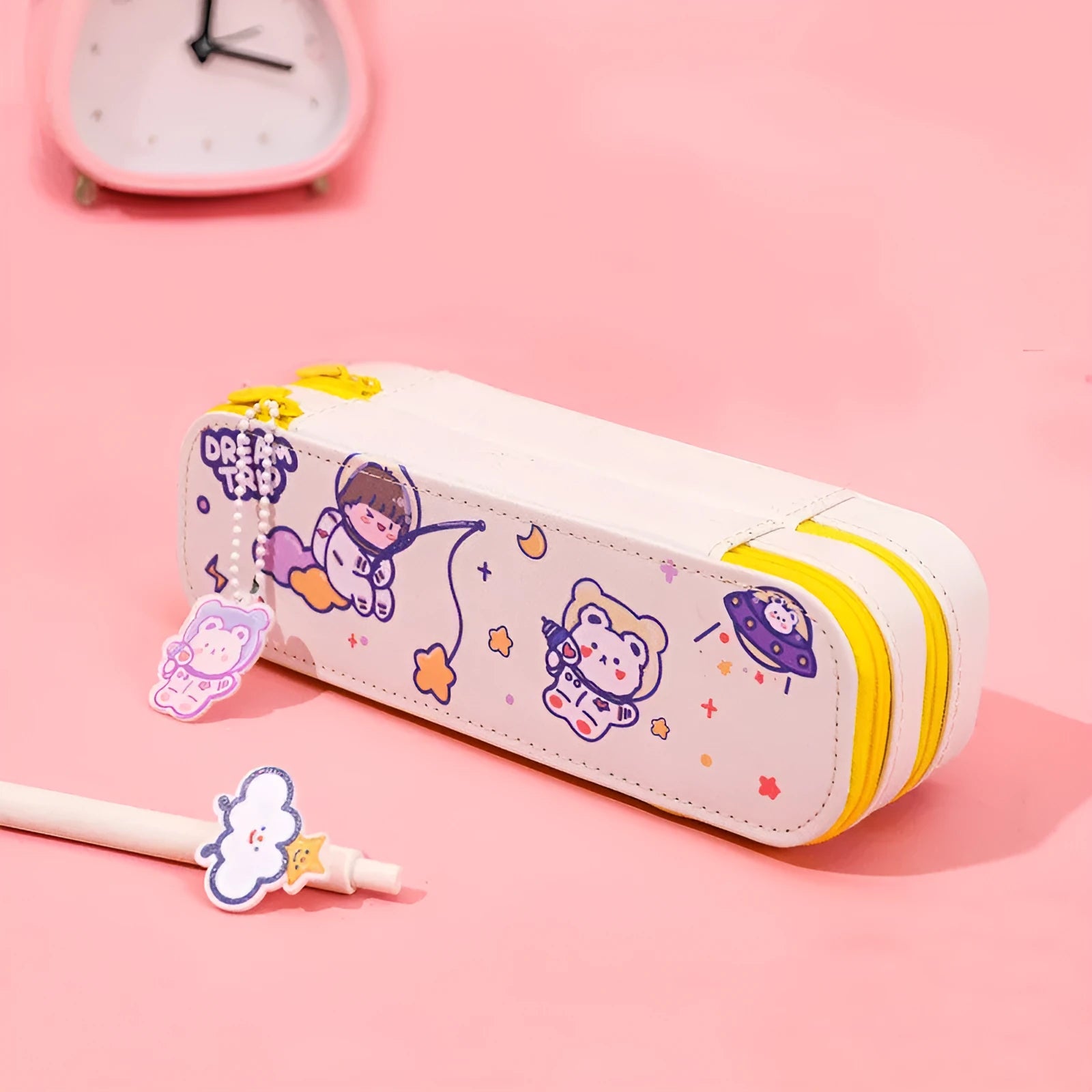 Ins cartoon double-layer PU pencil case with cute astronaut design, available in multiple colours and sizes S to XL