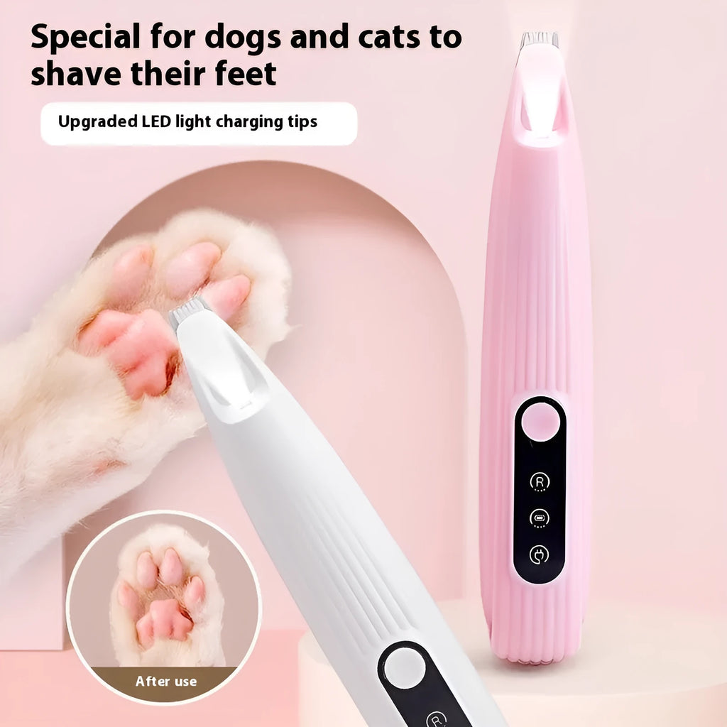 Electric pet nail grinder in four colours (pink, white, blue, yellow) with charging cable and cleaning brush, compact 16.2 x 3cm design