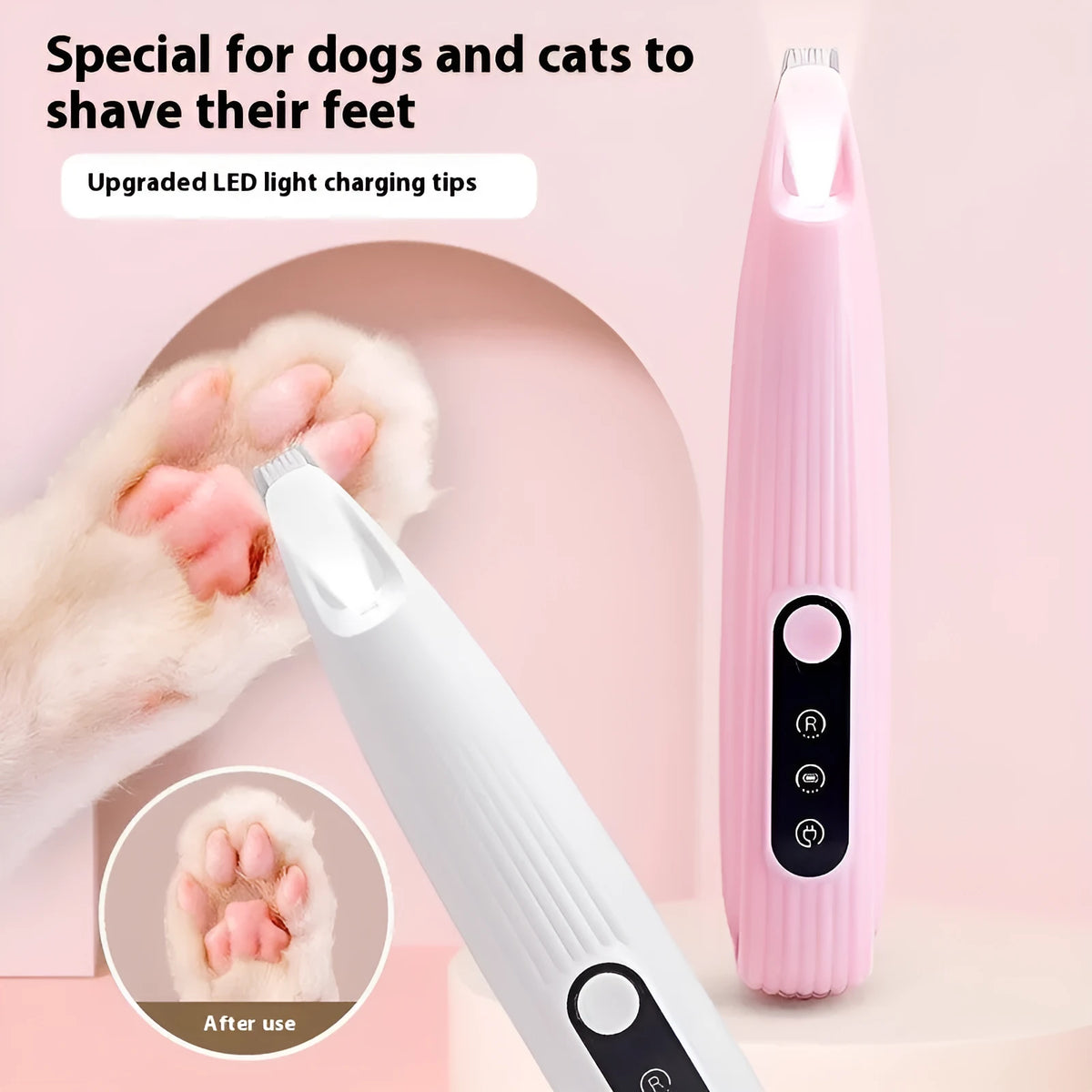 Electric pet nail grinder in four colours (pink, white, blue, yellow) with charging cable and cleaning brush, compact 16.2 x 3cm design