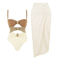Women's gold button one-piece swimsuit with matching skirt in assorted colours