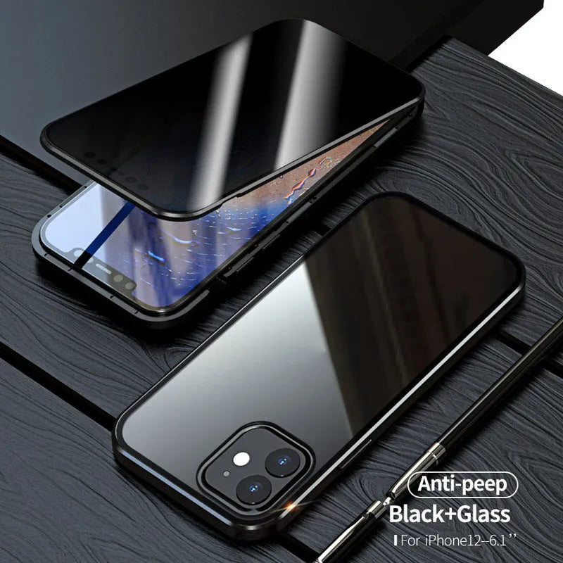 Magnetic privacy glass iPhone case with anti-spy tempered glass screen and metal frame