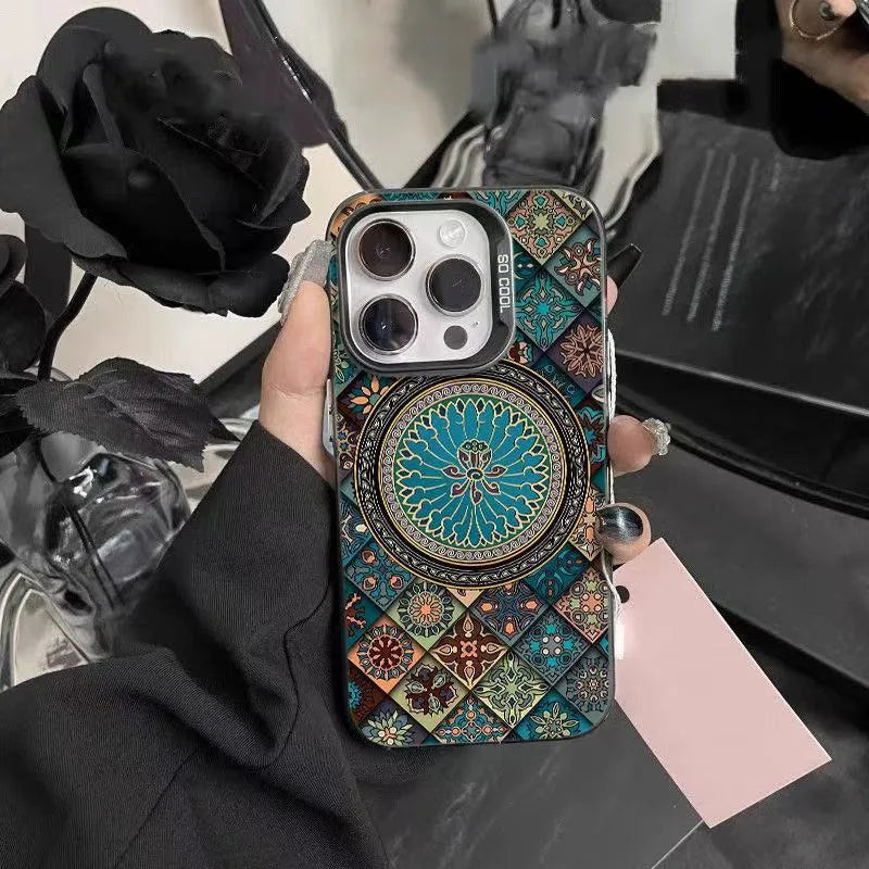 Ethnic style patterned iPhone case in silver, hard PC matte anti-slip cover