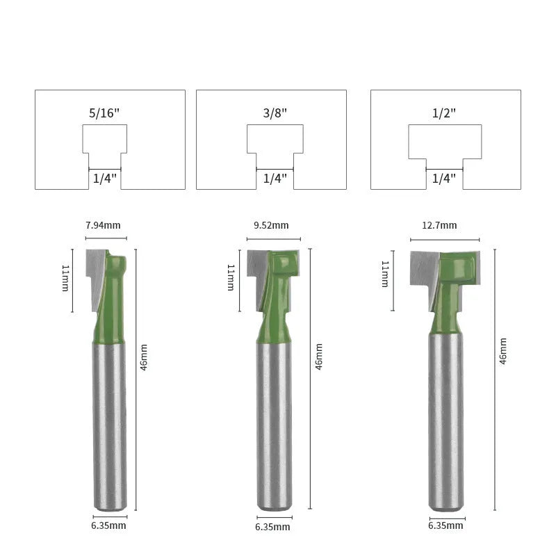 6-piece green double blade T-slot milling cutter set with hard alloy blades and handles for carpentry