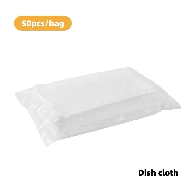Disposable Magic Brush cleaning tool with plastic handle and stack of 50 white non-woven fabric refill rags.