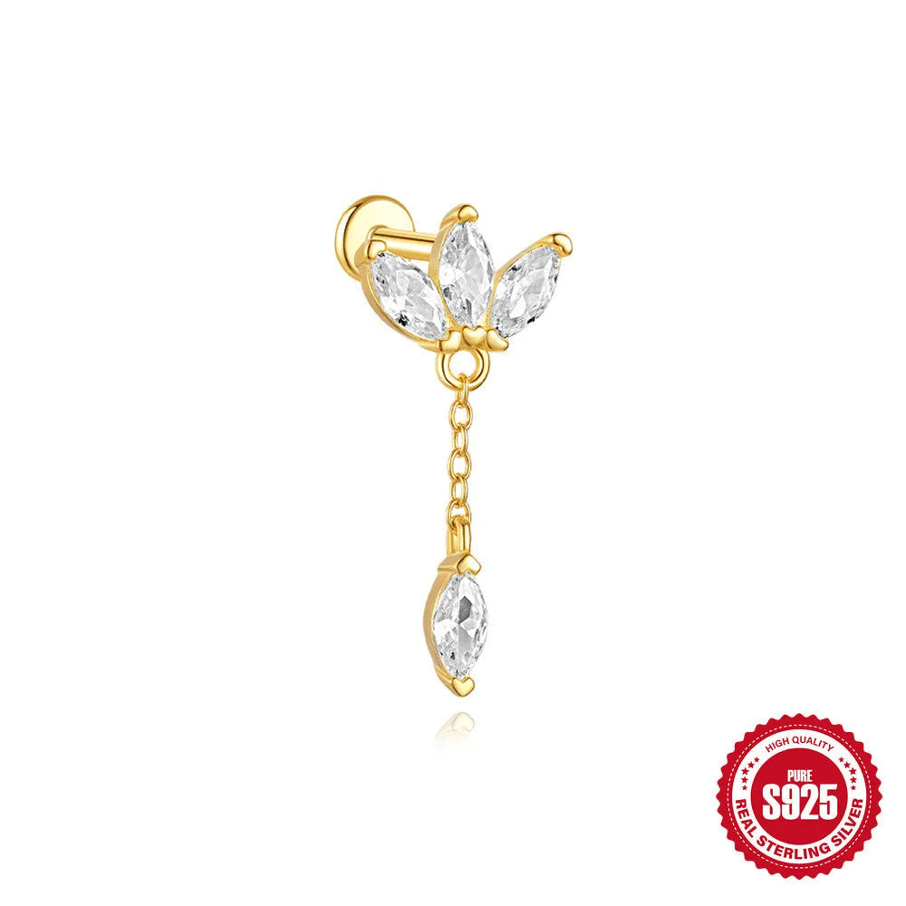 S925 sterling silver water drop shaped earrings with a flat spiral geometric design on a white background.