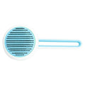 Blue automatic pet hair remover comb with stainless steel teeth and a button on the handle.