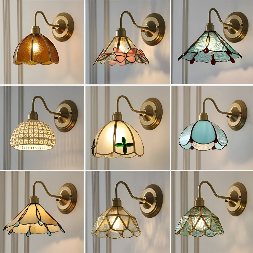 Retro brass wall lamp with stone-patterned transparent glass shade and copper body