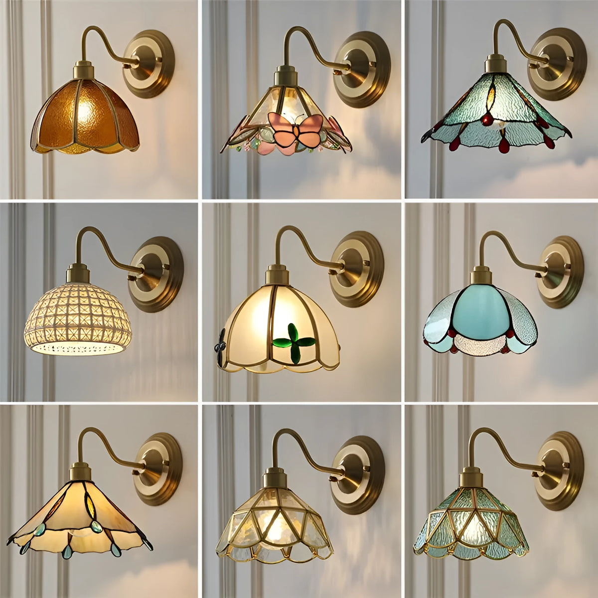 Retro brass wall lamp with stone-patterned transparent glass shade and copper body
