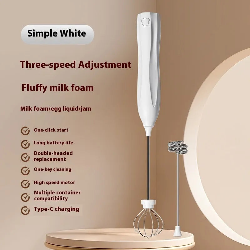 Mini milk frother with three-speed control, beige colour, Type-C charging, 304 stainless steel beater