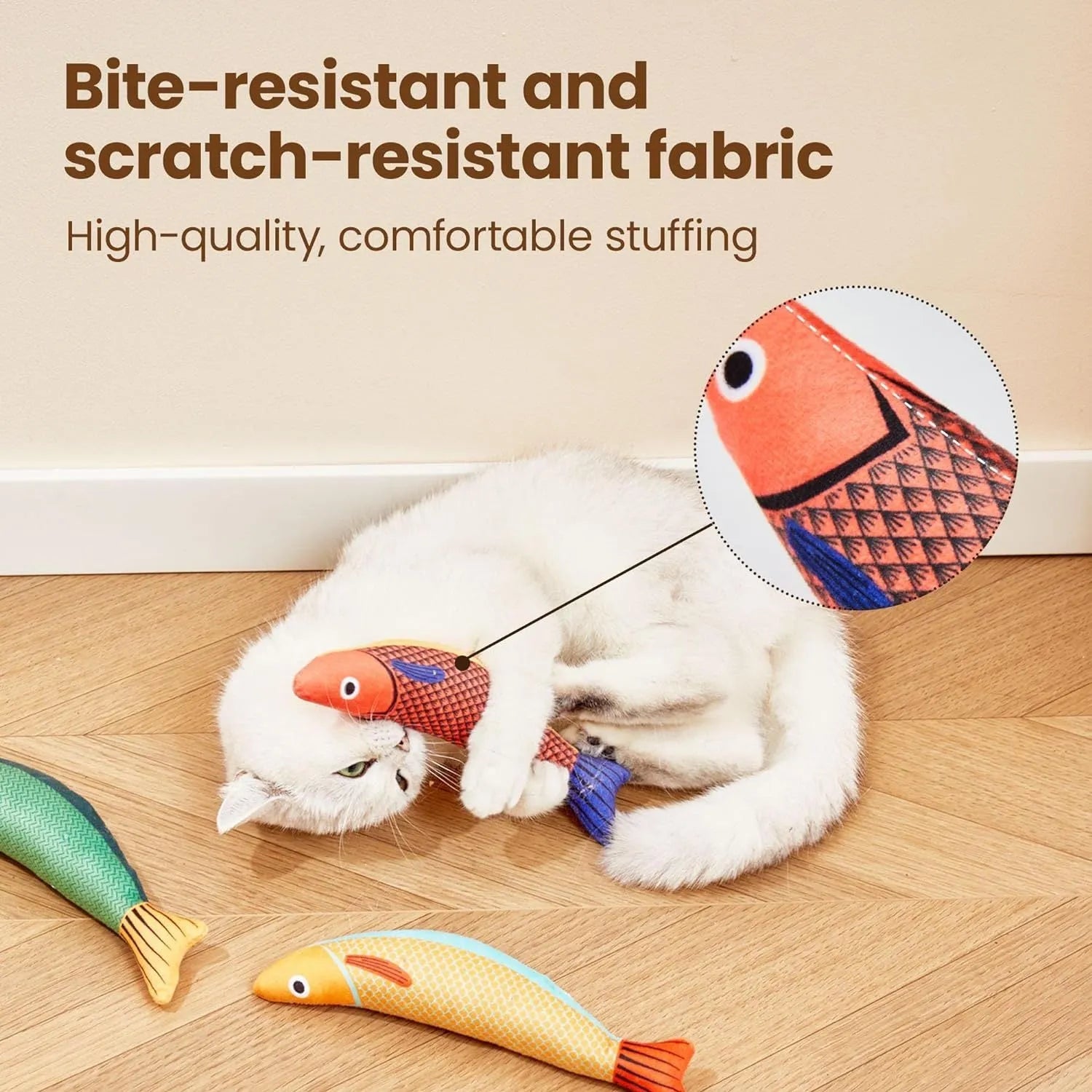 Green orange and yellow soft plush catnip fish toy with crinkle sound for cats
