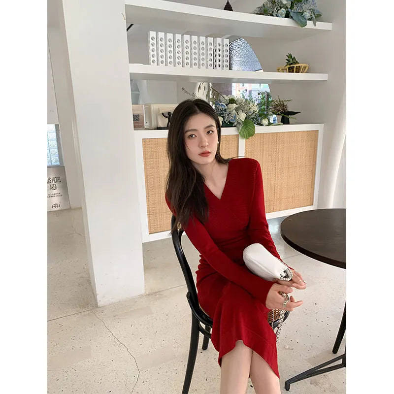 Wool slim fit knitted hip slip dress for women in five colour options sizes S to XL