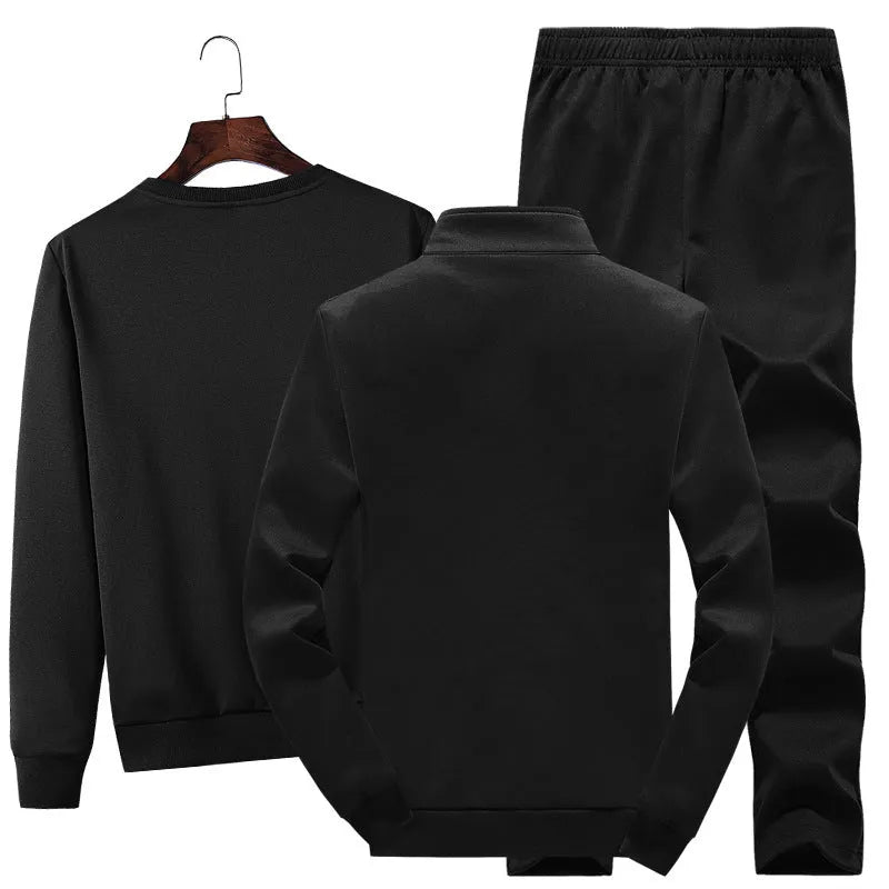 Men's three-piece leisure sports suit in gray, black, and dark blue polyester with top, jacket, and trousers, sizes M to XXXXL