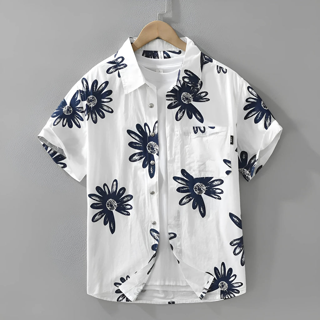 Japanese printed short sleeve shirt in loose cardigan style, cotton blend fabric, white and apricot colours