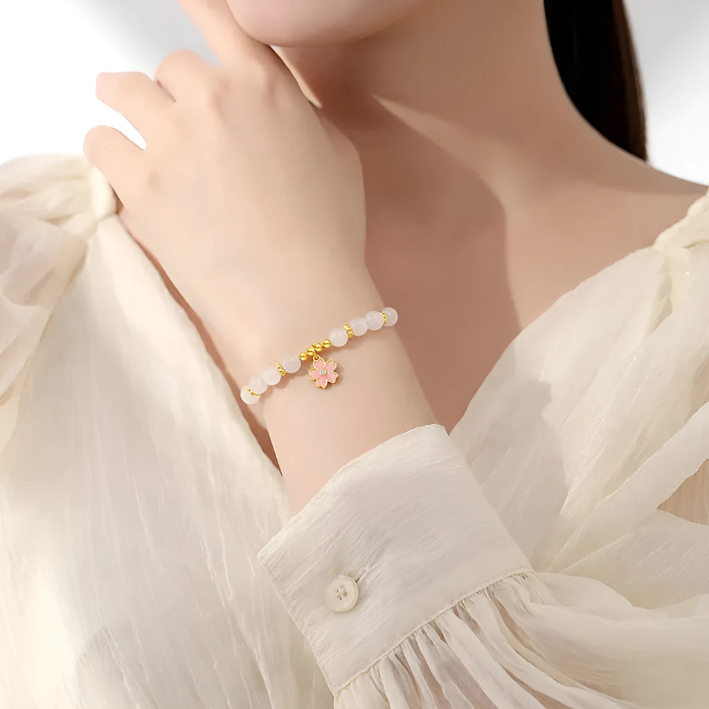 S925 sterling silver cherry blossom pendant with gradient pink epoxy on Hetian jade beaded bracelet