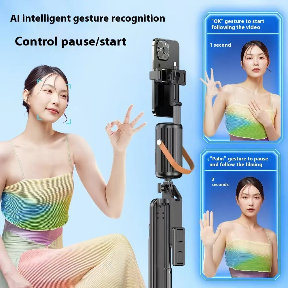 Smart AI face recognition selfie holder with Bluetooth remote on a desk, showing 360-degree rotation feature