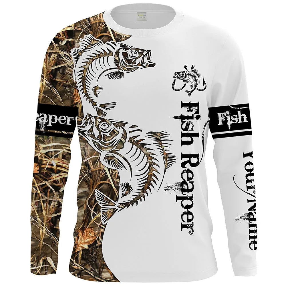 Men's grey round neck pullover with a large colourful fish graphic print on the front.
