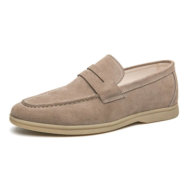 Men's beige slip-on shoes with cowhide leather upper and round toe design