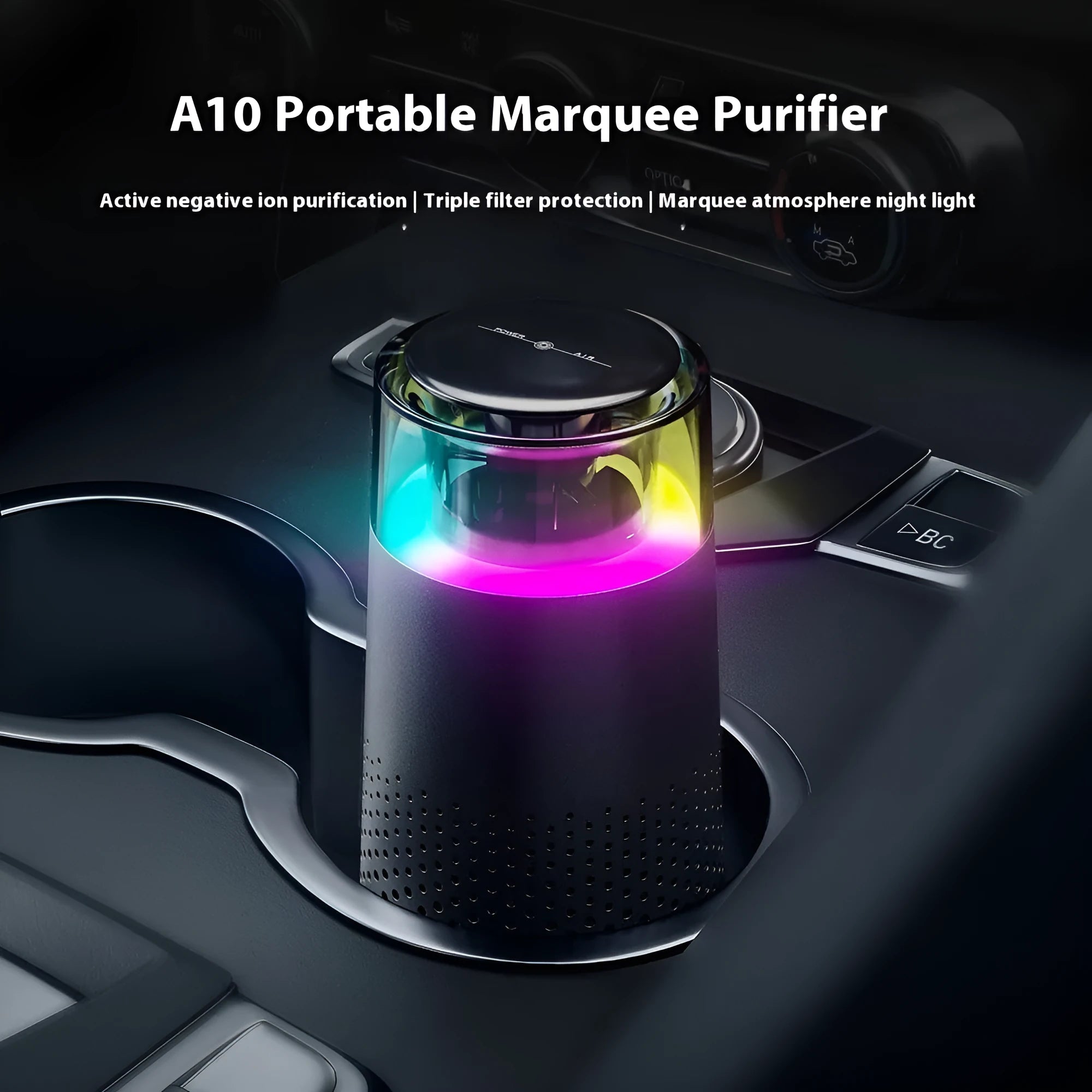 Black 5W car air purifier with horse running light and USB cable on a flat surface