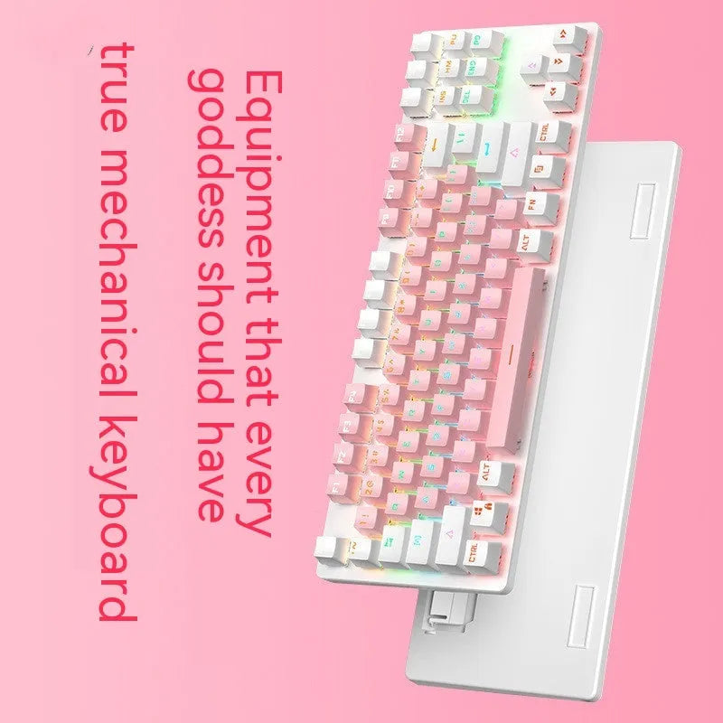 87 key mechanical keyboard with green axis switches, blue white mixed light, compact plastic build
