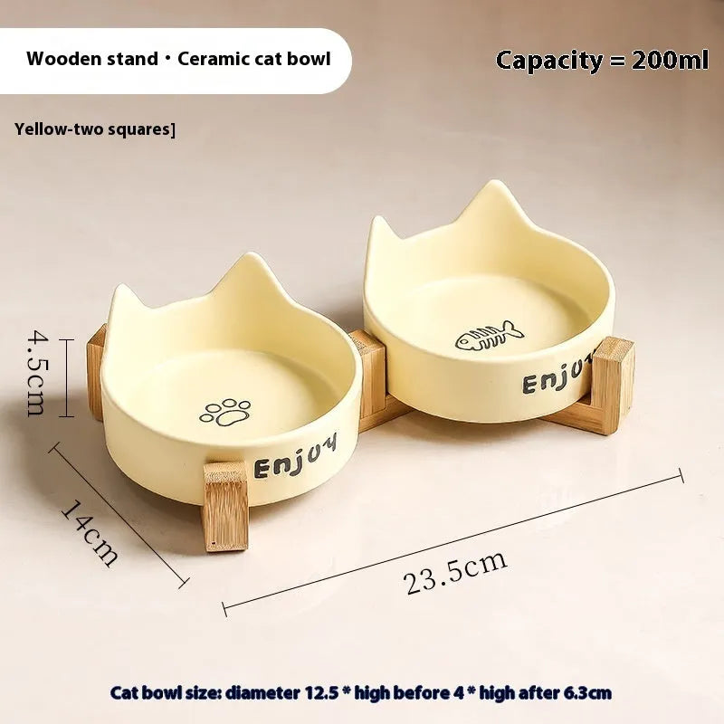 Porcelain cat bowl with wooden anti-tumble frame in chosen colour with cat ear design