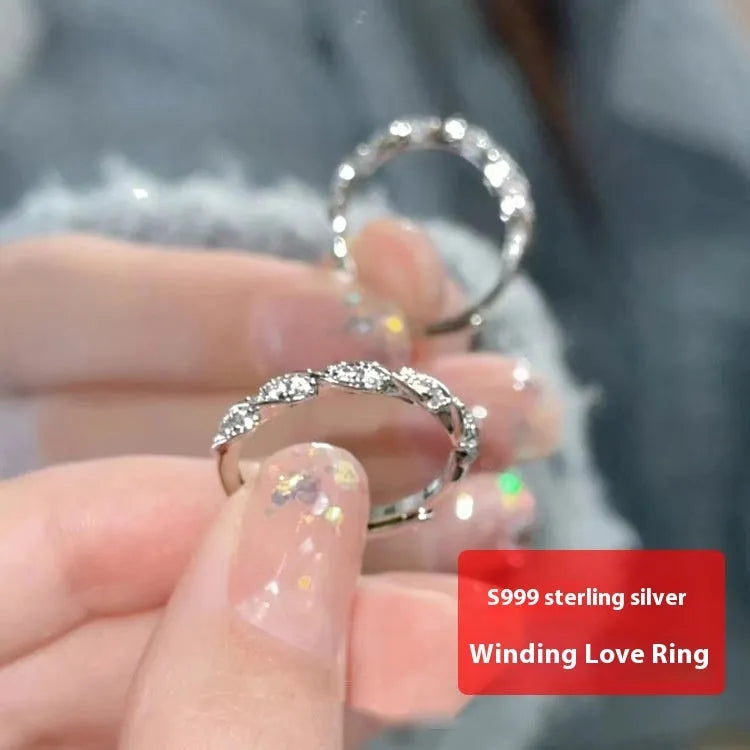S999 sterling silver winding love ring in white gold colour with inlaid zircon for women