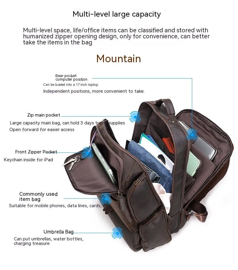 Dark brown leather backpack for men with 17-inch laptop compartment and multiple internal organisers