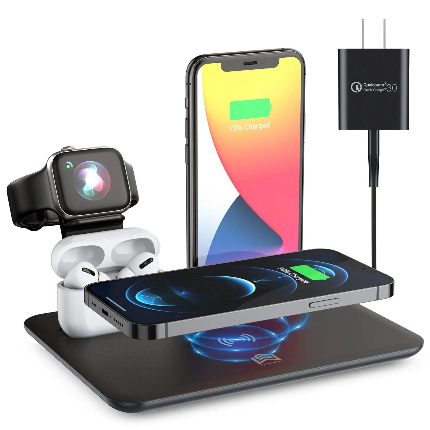 White desktop wireless charging station for phone, smartwatch and headphones showing compact design.