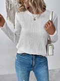 White round neck long sleeve polyester T-shirt with loose fit hollow fabric construction
