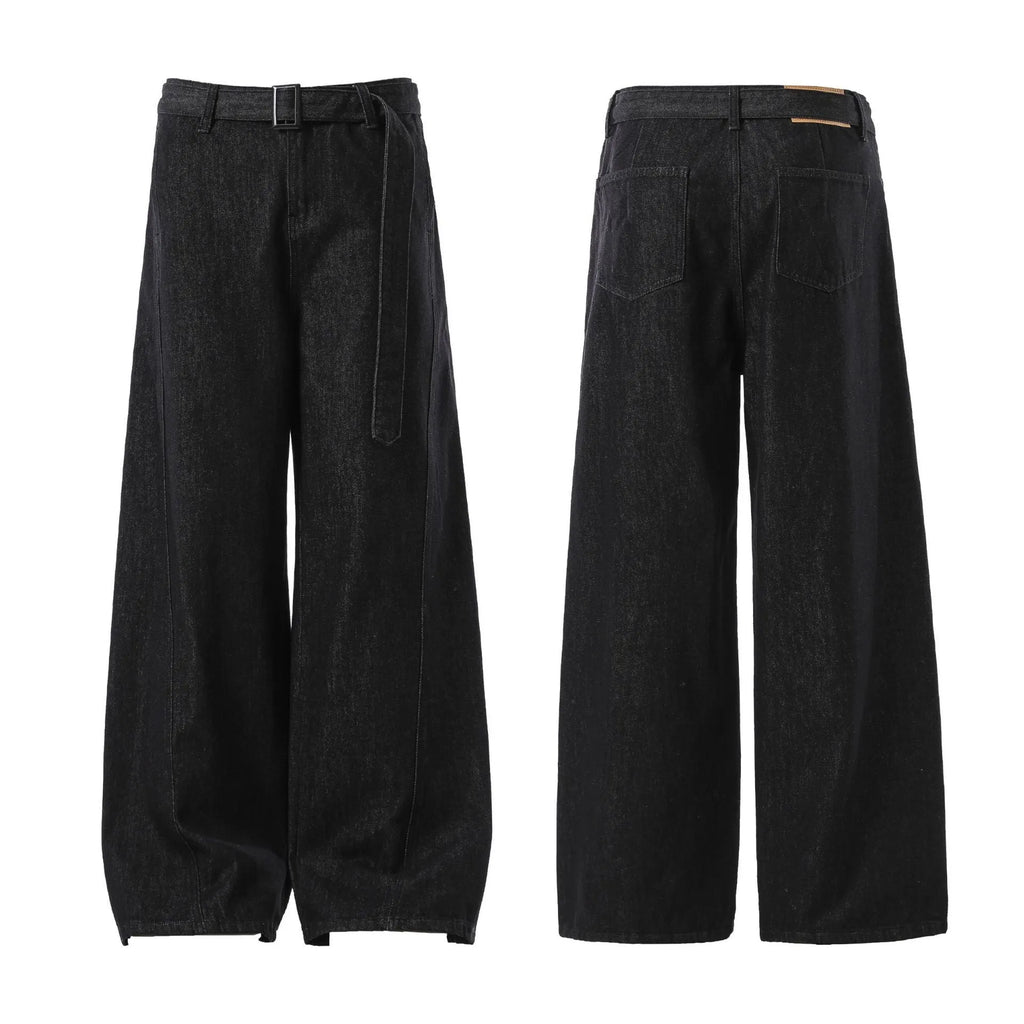 Black high waist straight leg jeans with a zip fly, shown flat.