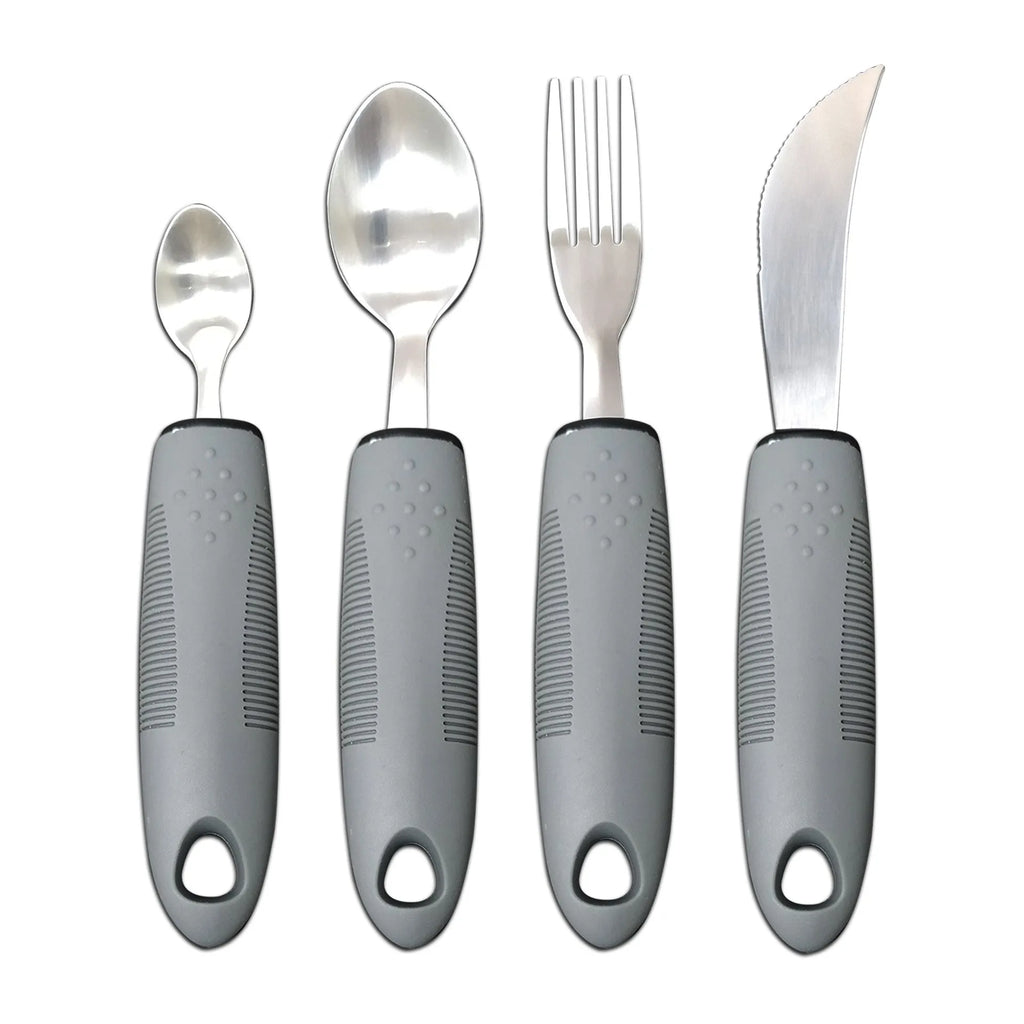 Stainless steel adaptive cutlery set with rubber handles for elderly or disabled users