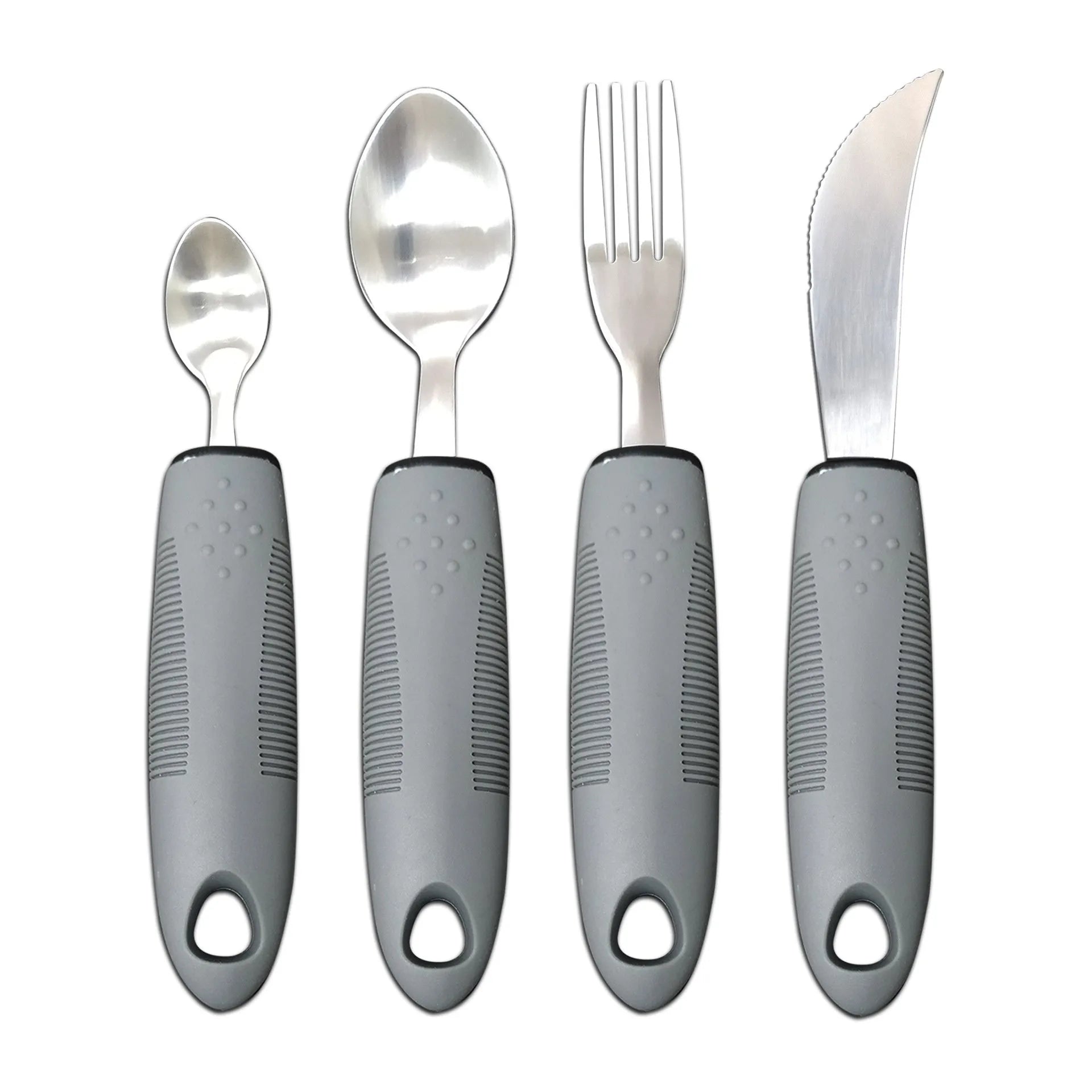 Stainless steel adaptive cutlery set with rubber handles for elderly or disabled users