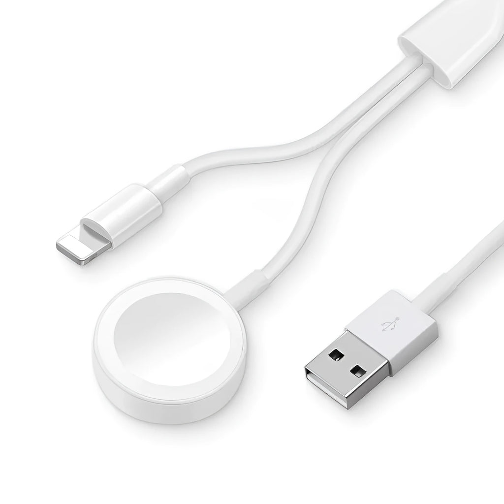 White two-in-one wireless charging pad for smartwatches and fitness trackers with USB cable.