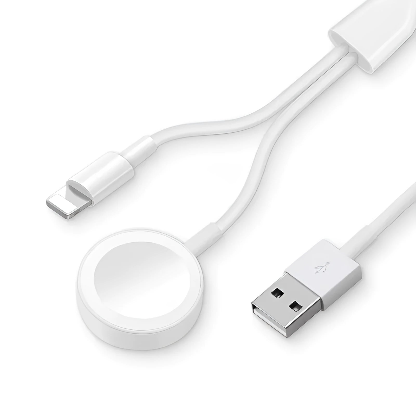 White two-in-one wireless charging pad for smartwatches and fitness trackers with USB cable.