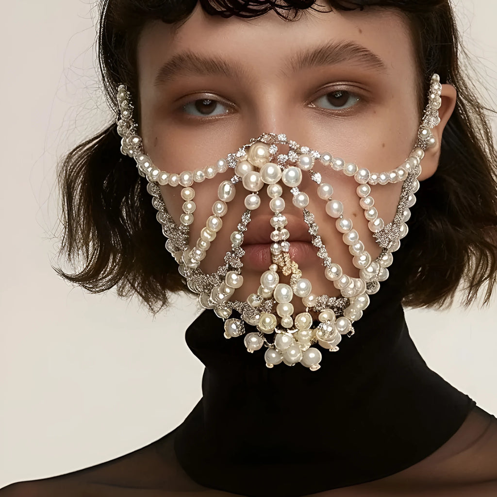 Geometric alloy party mask with electroplated gemstones in silver and gold colours