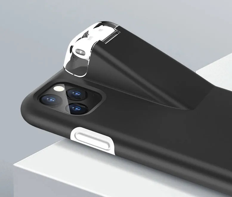 Black matte acrylic and silicone 2-in-1 case cover for AirPods charging case and compatible iPhone.