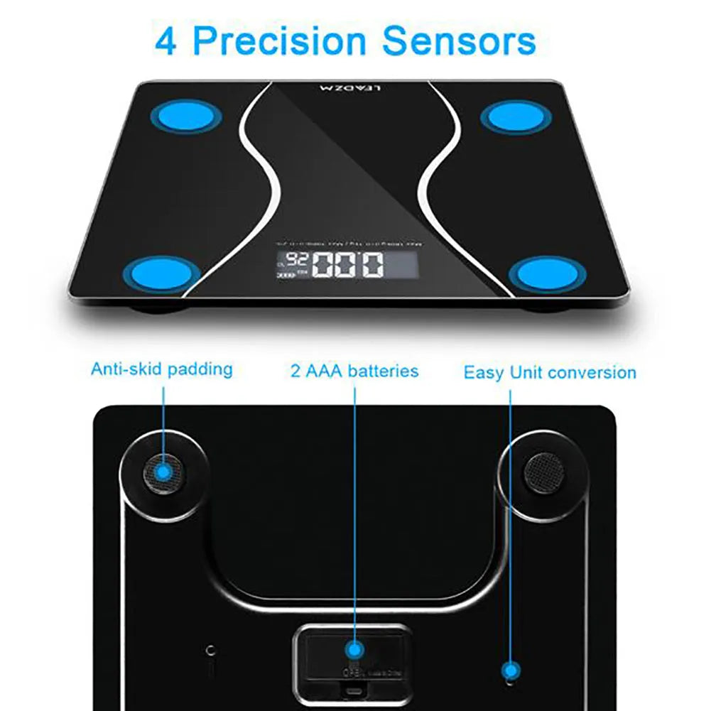 Black electronic bathroom scale with digital display for weight measurement up to 180 kg.