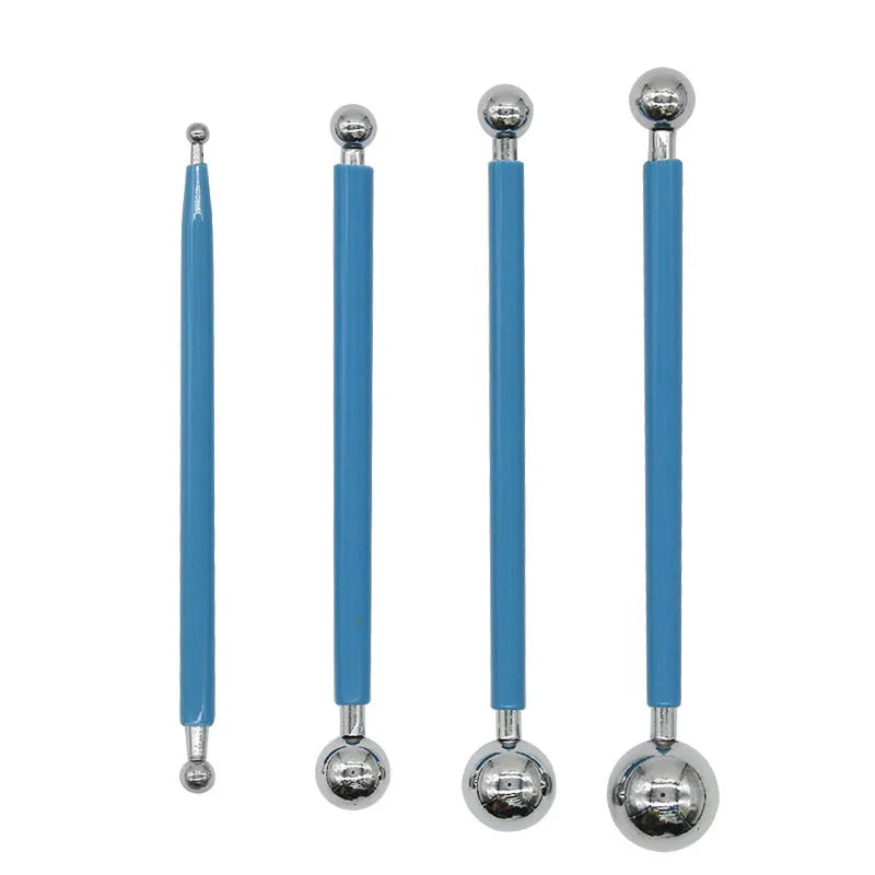 Six-piece pottery tool set with stainless steel, acrylic, and plastic tools in a blue pen bag.