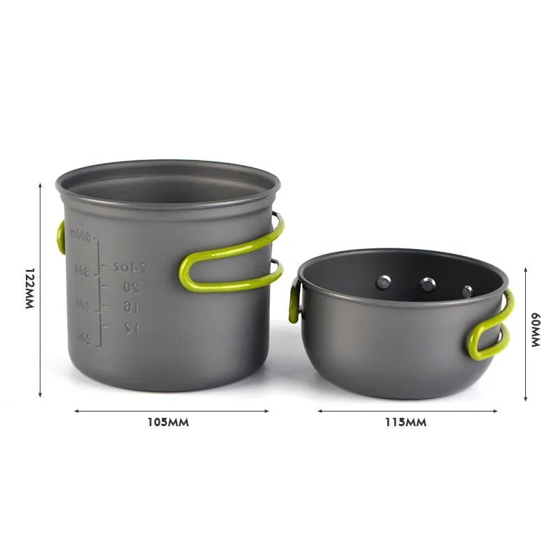 Green DS-101 camping cookware aluminium pot with separate cover, mesh bag, and colour box