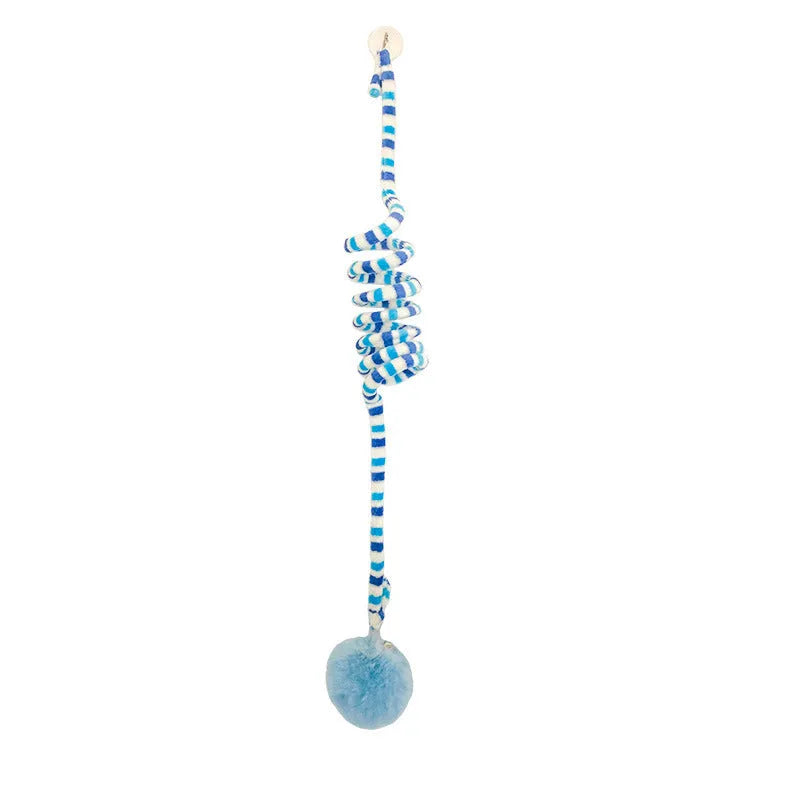 Colourful spring-mounted cat toy with an inflatable ball and bell, shown with a suction cup for hanging.