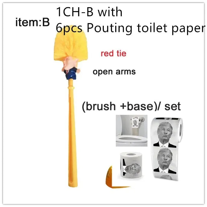 Yellow plastic Donald Trump toilet brush with hanging slot on handle.