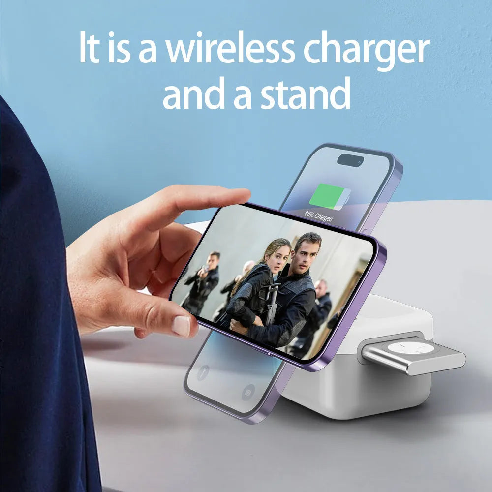 White 3-in-1 wireless charger with hidden removable storage panel for phone, earbuds, and watch