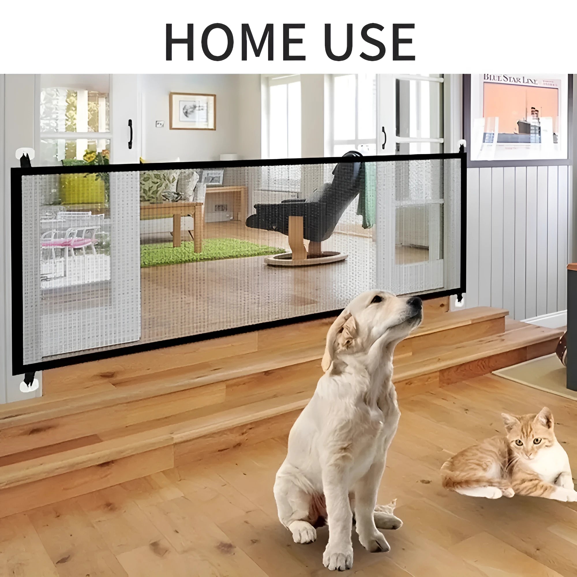 Foldable pet dog fence made of fibreglass mesh for indoor use, no drilling required, with hooks for doorway installation