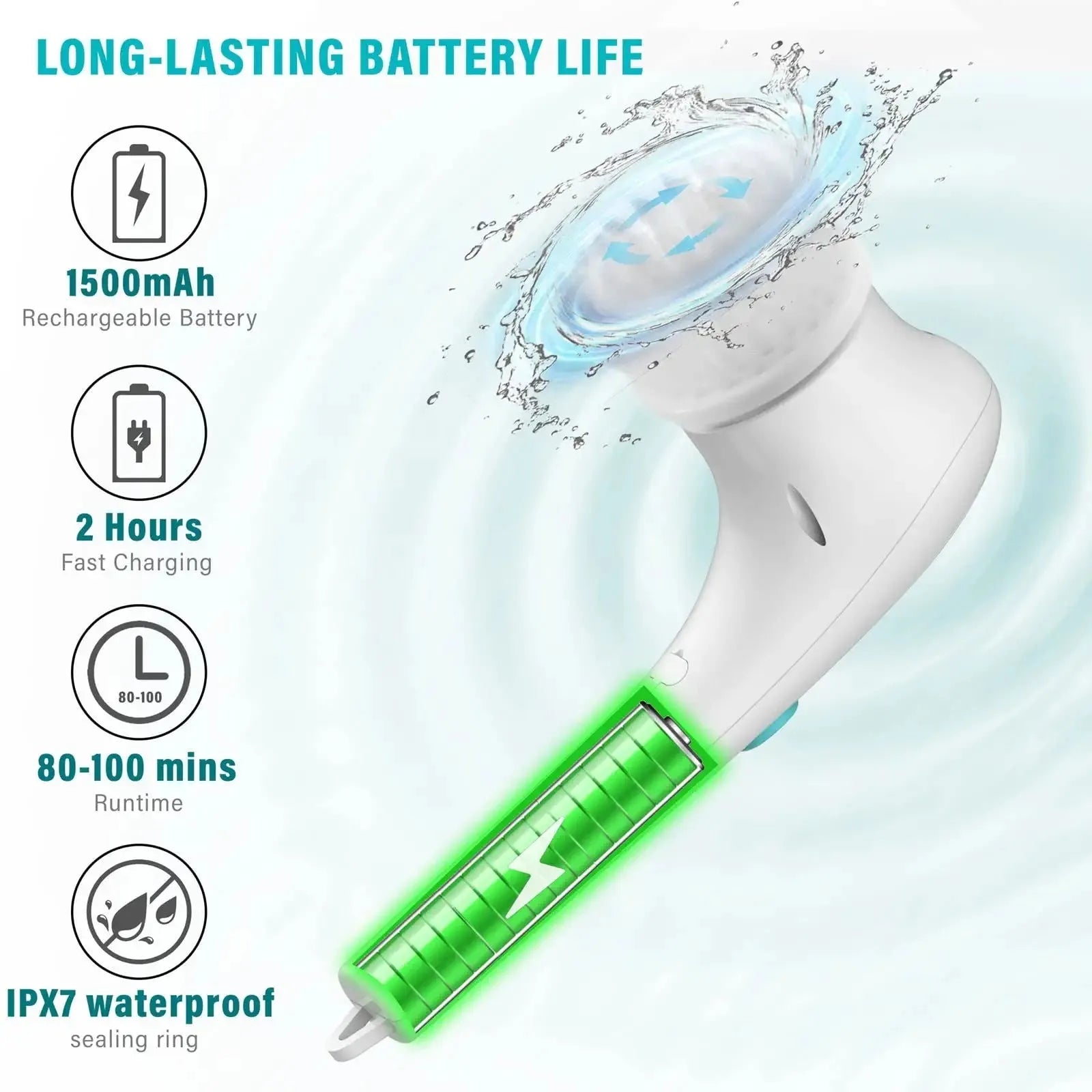 White USB electric handheld cleaning brush with five different brush heads for kitchen and bathroom surfaces.