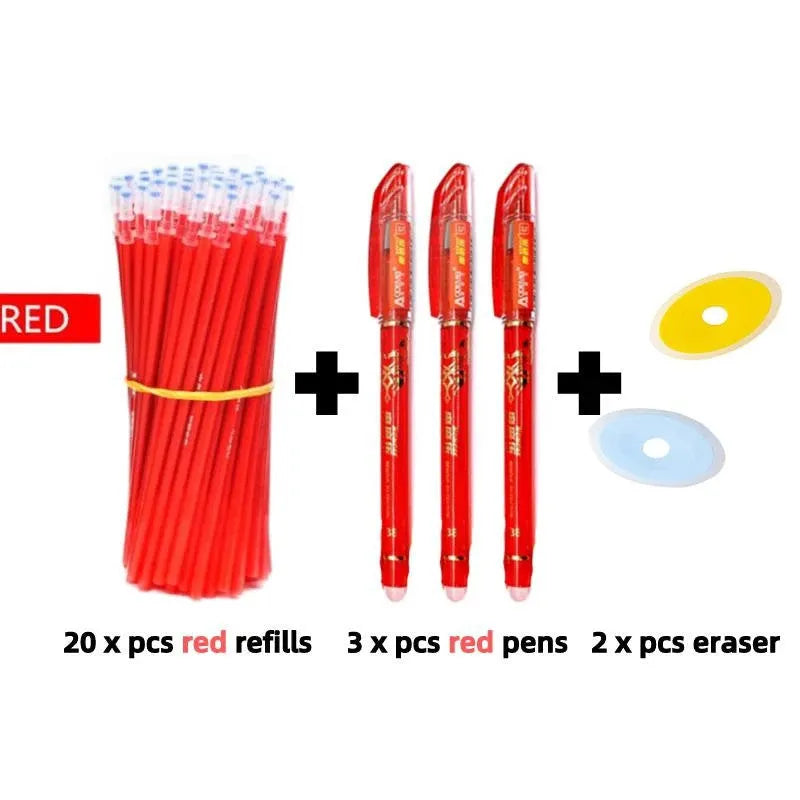0.5mm hot erasable pen with plastic shell in black, blue, or red with refills and nib sets