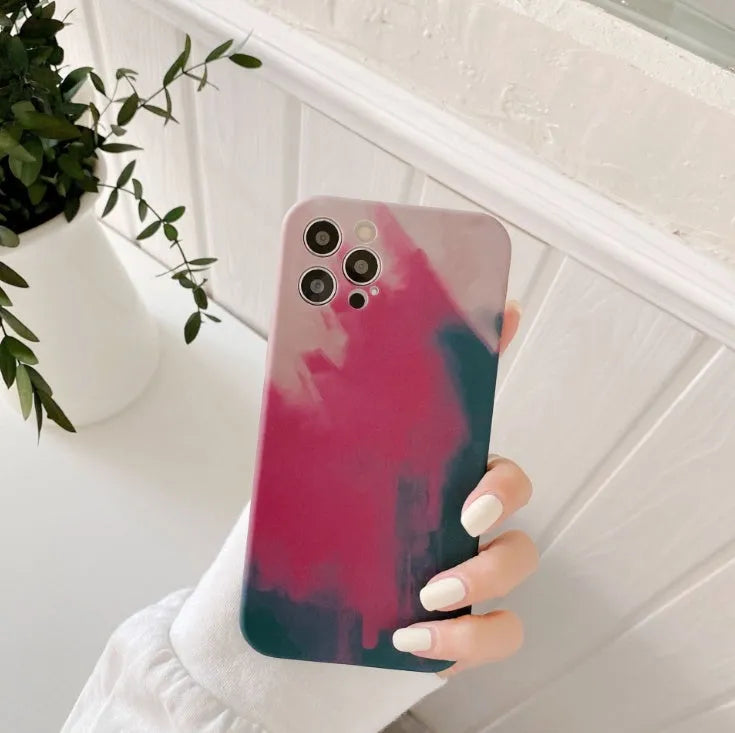 Soft silicone iPhone case with blue and purple gradient geometric abstract design