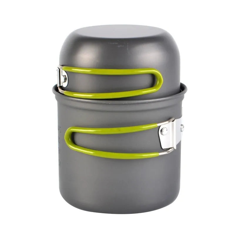 Green DS-101 camping cookware aluminium pot with separate cover, mesh bag, and colour box